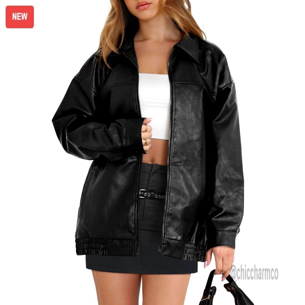 Faux Leather Oversized Moto Jacket Y2K Chic Fall Winter Casual Coat